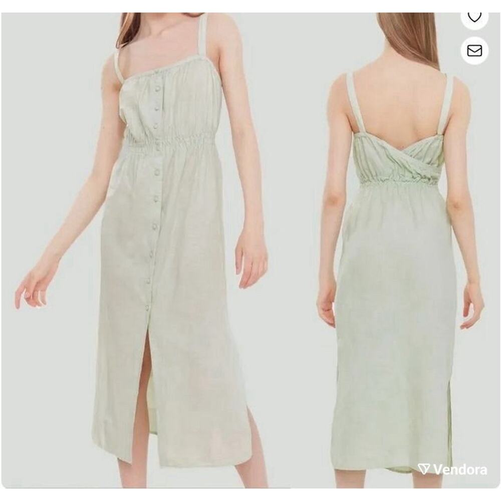 Zara Green Linen Blend Dress Womens Medium Button Front Boho Summer Minimalist
